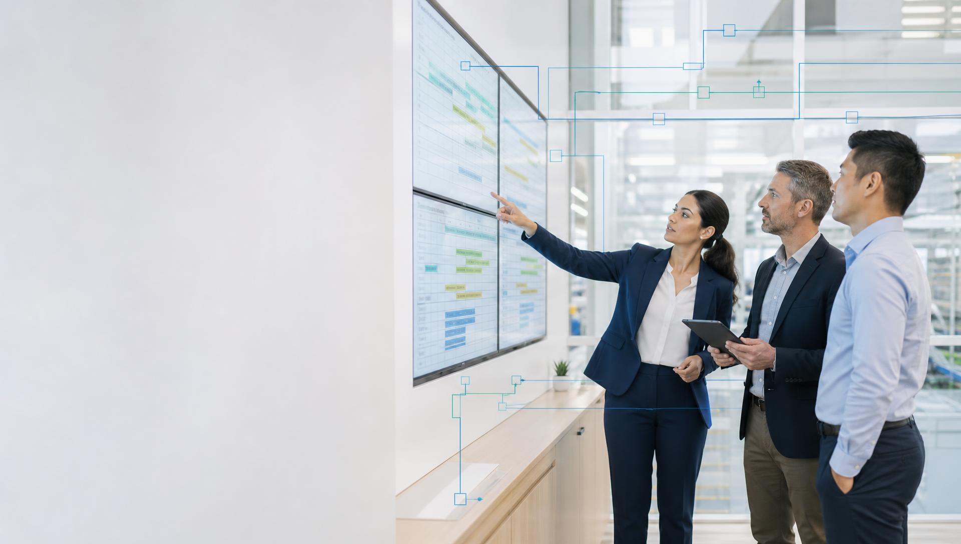 Operations leaders reviewing a live planning board in a bright plant office, with faint blue and teal process connections traced over the screens