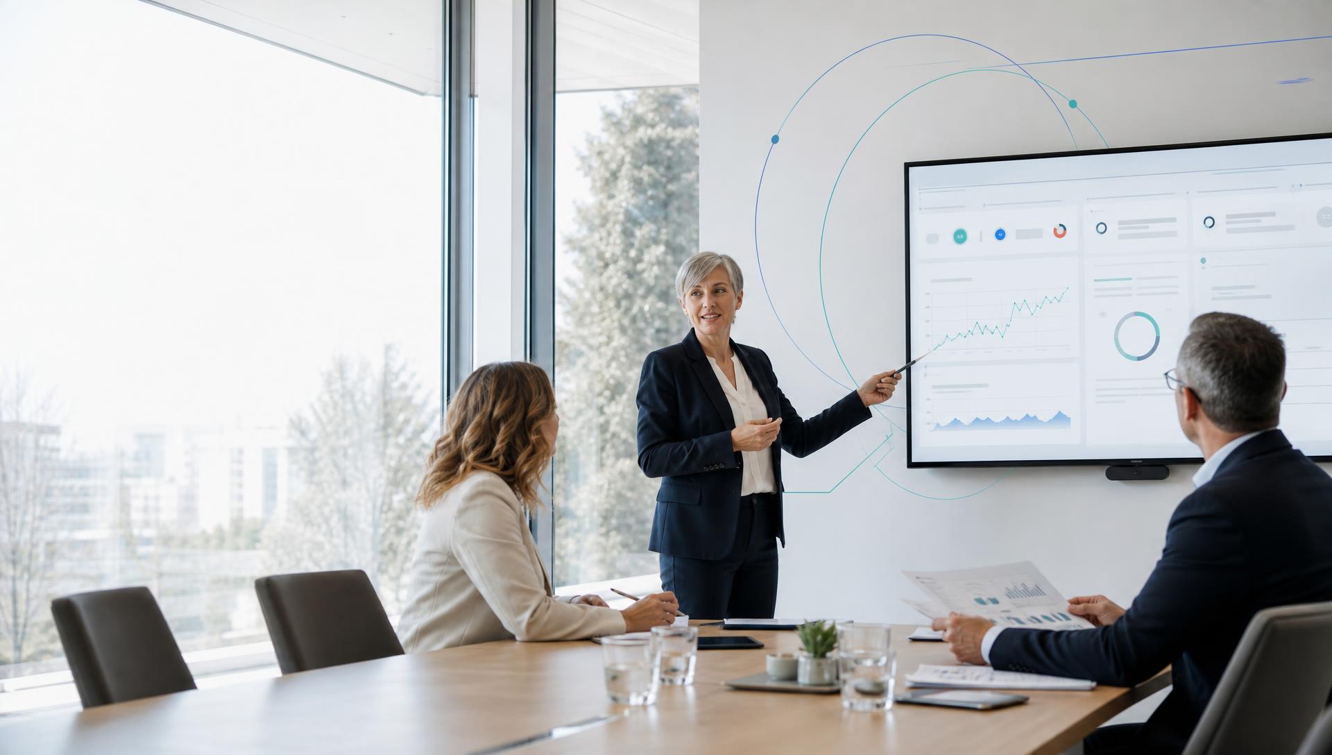 Executives in a light briefing room reviewing a performance dashboard, with a restrained blue and teal Plan-Do-Check-Act loop traced behind the screen